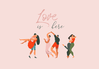 Hand drawn vector abstract cartoon modern graphic Happy Valentines day concept illustrations art card with dancing couples people together isolated on pink pastel colored background