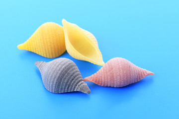 Pasta conchiglie on blue background