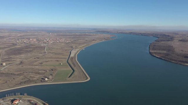 Above blue Danube river flow on Balkans 4K drone footage