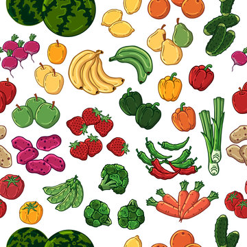 Pattern of vector colorful illustrations on the vegetarianism theme: various types of fresh vegetables and fruits. Zero waste. Eco lifestyle. Isolated objects for your design.