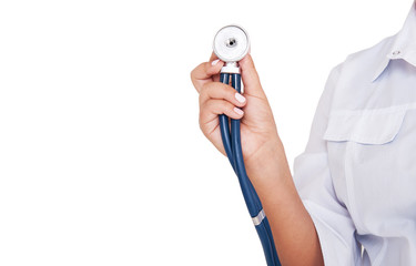 Woman doctor hand holding stethoscope isolated. Health care concept