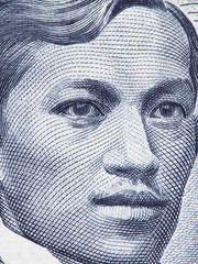 Jose Rizal portrait on Philippine peso extreme macro. Face of Jose Rizal.