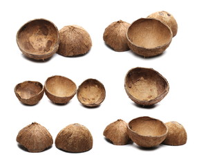 set empty coconut fruit shell cut in half, isolated on white background