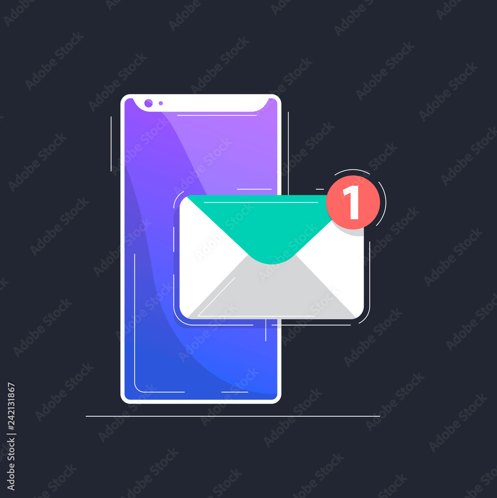 Poster vector image of smartphone with notification of received e - mail, notification