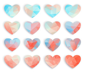big set blue pink polygonal Mosaic hearts, Low Poly Style, Valentine card. Vector illustration, great design element for brochure, banner, cover, booklet, flyer, web, UI, card, poster