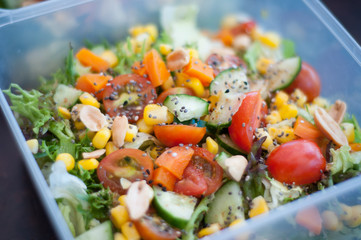 Close up of fresh and healthy salad made with fruits and vegetables in a container.