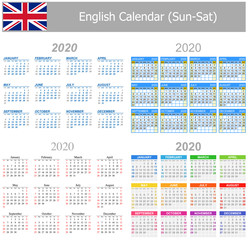 2020 English Mix Calendar Sun-Sat on white background