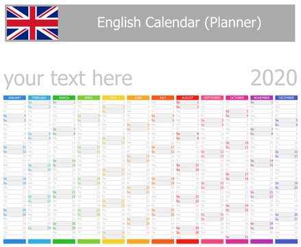 2020 English Planner Calendar with Vertical Months on white background