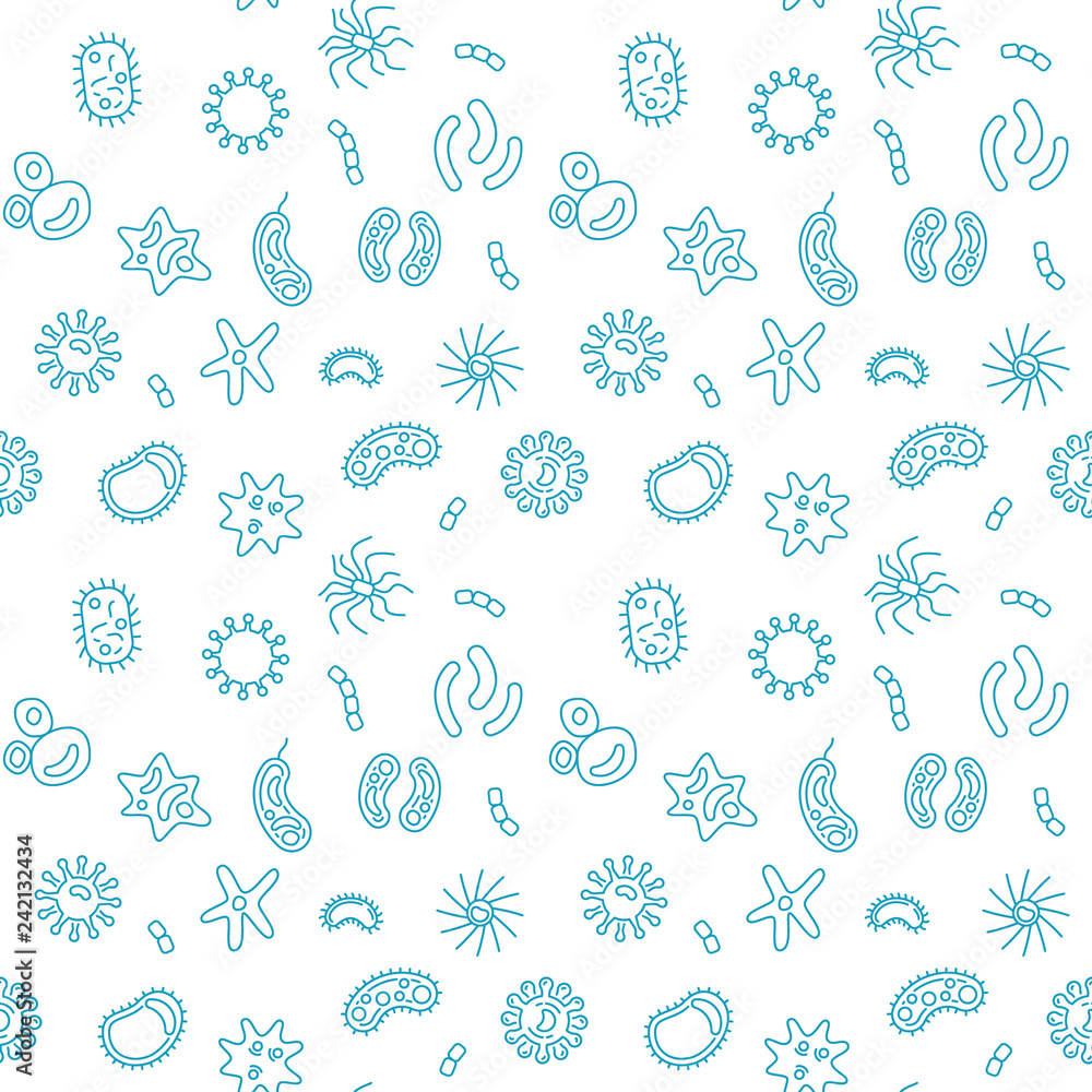 Poster bacterium vector cute seamless pattern or background in thin line style