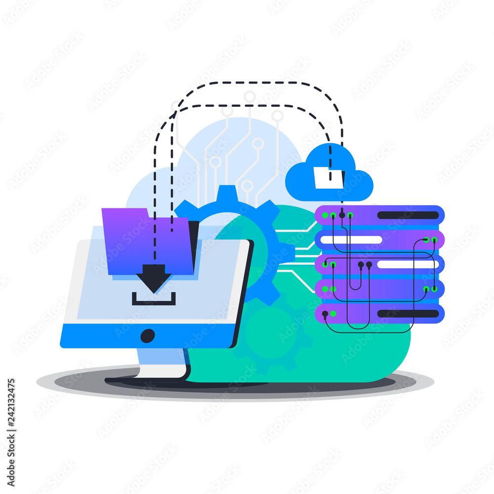 Poster vector image of the monitor receiving a file from the server, cloud, folder with files, data transfe