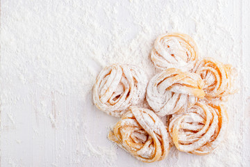 pasta with pasta ingredients on the dark wooden table top view
