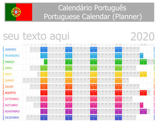 2020 Portuguese Planner Calendar with Horizontal Months on white background