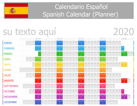 2020 Spanish Planner Calendar with Horizontal Months on white background