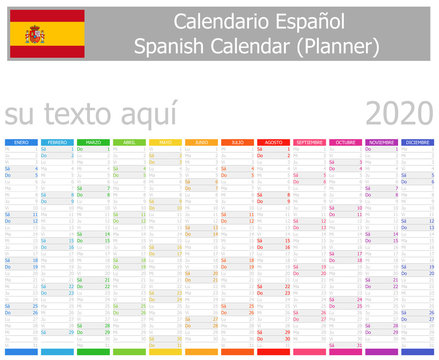 2020 Spanish Planner Calendar with Vertical Months on white background