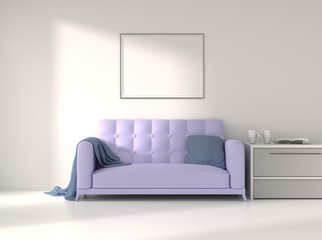 Pink couch with blanket and pillow with a empty frame on a wall. 3D rendering mock up.