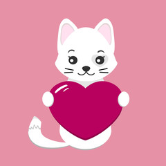 Valentine's day illustration. Cute white cat and heart on an isolated pink background. Vector illustration for greeting card or poster.