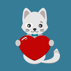 Valentines day card with cute, gray cat and red heart on blue background. Vector illustration for greeting card or poster.