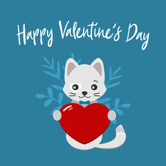 Valentines day card with cute, gray cat and heart over blue background. Vector illustration for greeting card or poster. Text 