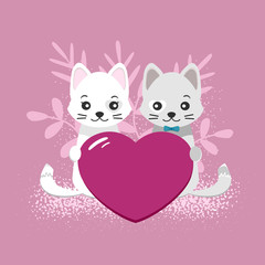 Valentine's Day. Young cute couple, white, gray cat and pink heart on a pink background. Vector illustration for greeting card or poster.