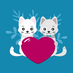 Valentines day card. Young cute couple, white, gray cat and pink heart over blue background. Vector illustration for greeting card or poster.