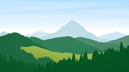 Foto op Plexiglas Vector illustratie: Summer Wild Mountains landschap met dennen, heuvels en pieken. © deniskrivoy