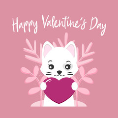 Valentine's day card with a cute, white cat and heart on an isolated pink background. Vector illustration for greeting card or poster. Isolated text "Amour"