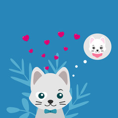 Valentine's day illustration. Cute gray cat and heart on isolated blue background. Vector illustration for a greeting card or poster with place for your text.