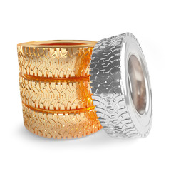 Gold and silver tires on a white background. Art concept. 3D rendering.