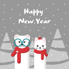 Cute bear and cat in a red scarf with snow firs on an isolated gray background. Happy new year greeting card.