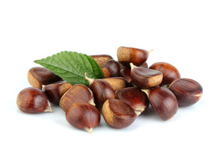 Hippocastanum.Chestnuts with leaves isolated.