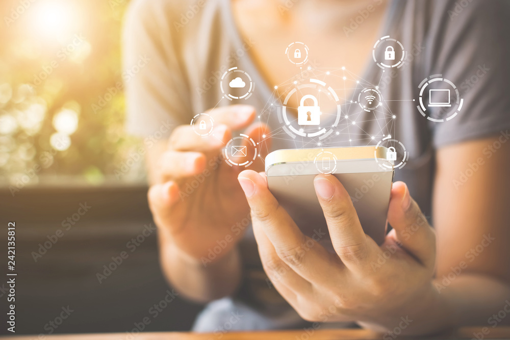 Aufkleber woman using smartphone with icon graphic cyber security network of connected devices and personal da