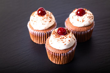 Confection Dessert Homemade Black forest cupcake on a black slate stone plate with copy space