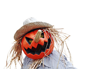 A spooky pumpkin head jack-o-lantern isolated against white for Halloween.