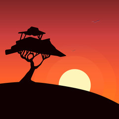 Beautiful landscape with a flat sunset with a tree on a hill. Autumn vector illustration.