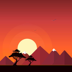 Vector illustration with autumn landscape background. Flat poster of a sunset over the mountains and trees on the hill.