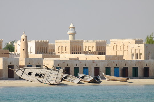 Closed Shops in a traditional Architecture style at the coastal City of Al Wakrah 