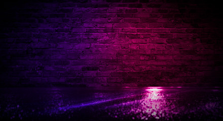 Background of empty room with brick wall and concrete floor. Smoke, fog, neon light 
