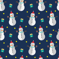 Beautiful bright seamless pattern. Vector snowman with gifts and stars.