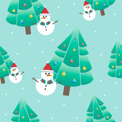 Beautiful bright seamless pattern. Vector snowman under the tree. Winter illustration.