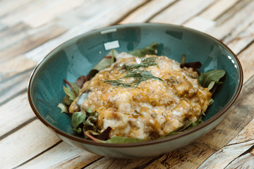 Moussaka, Oriental dish common to Turkey, Greece and the Balkans, consisting of aubergines baked.