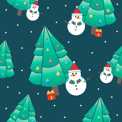 Beautiful bright seamless pattern. Vector snowman under the tree with gifts. Winter illustration.