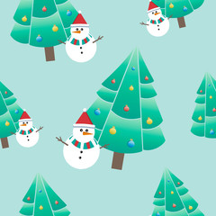 Beautiful bright seamless pattern. Vector snowman under the tree. Winter illustration.