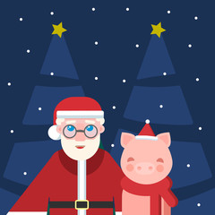 Vector illustration with Santa and a little cute pig with pink cheeks in a red scarf. Symbol of the year 2019.