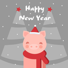 Vector illustration of a little cute pig with pink cheeks in a red scarf on an isolated gray background. Symbol of the year 2019. Happy new year greeting card.
