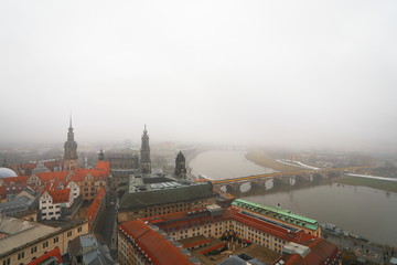 Old town in Dresden in fog. view from top