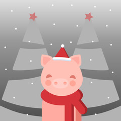 Vector illustration of a little cute pig with pink cheeks in a red scarf on an isolated gray background. Symbol of the year 2019.