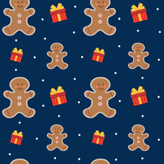 Beautiful bright seamless pattern. Vector small and big gingerbread man with gifts on a blue background of falling snow.