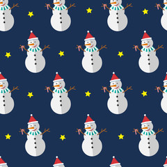 Beautiful bright seamless pattern. Vector snowman and stars.