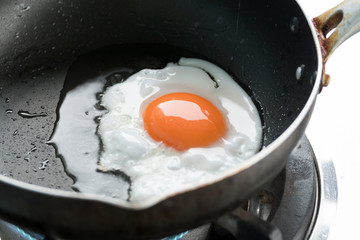 Fried egg in a pan with large egg yolk