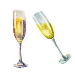 Watercolor illustration. Wine glasses, champagne glasses, sparkling wine.